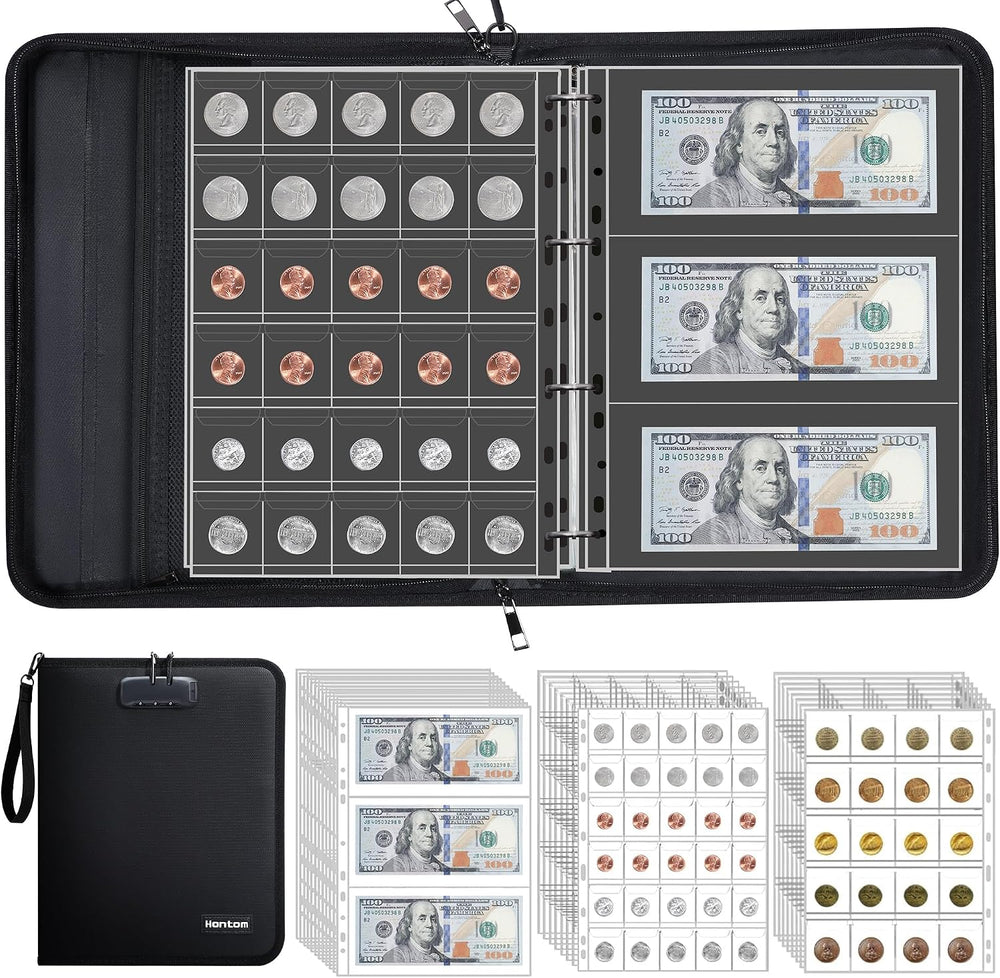 400-Pocket Fireproof Coin Book with Lock & 36 Paper Currency Binder Sleeves