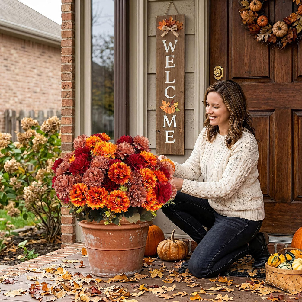 12 Pcs Fall Artificial Mums Flowers, Orange Burgundy Brown Faux Mums Bouquet ...