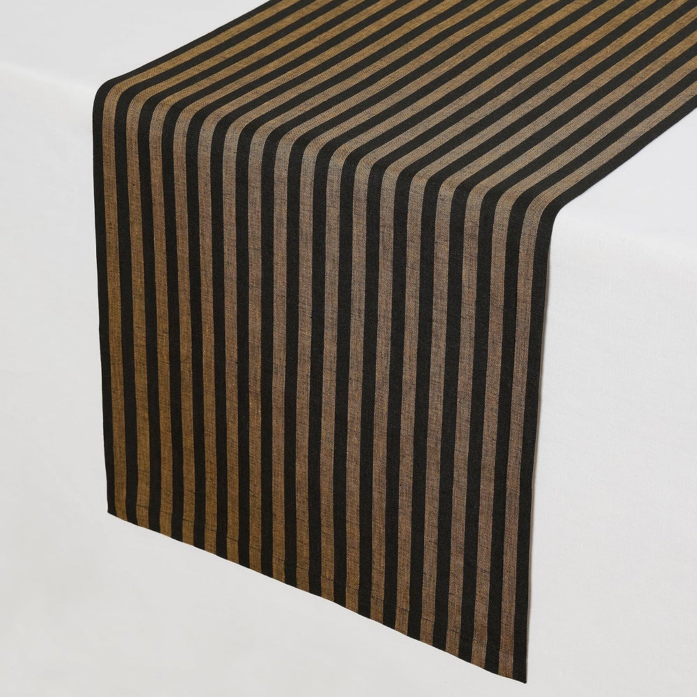 Solino Home 100% Linen Table Runner, 14 x 90 in, Brown and Black Striped