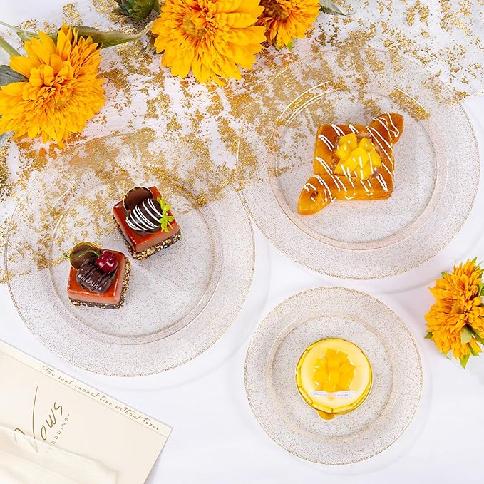 WDF 200PCS Gold Plastic Plates - Gold Glitter Plastic Plates - Heavy Duty Gold Glitter Disposable Plates - Include 100 Dinner Plates 10" and 100 Dessert Plate 7" for Parties/Wedding