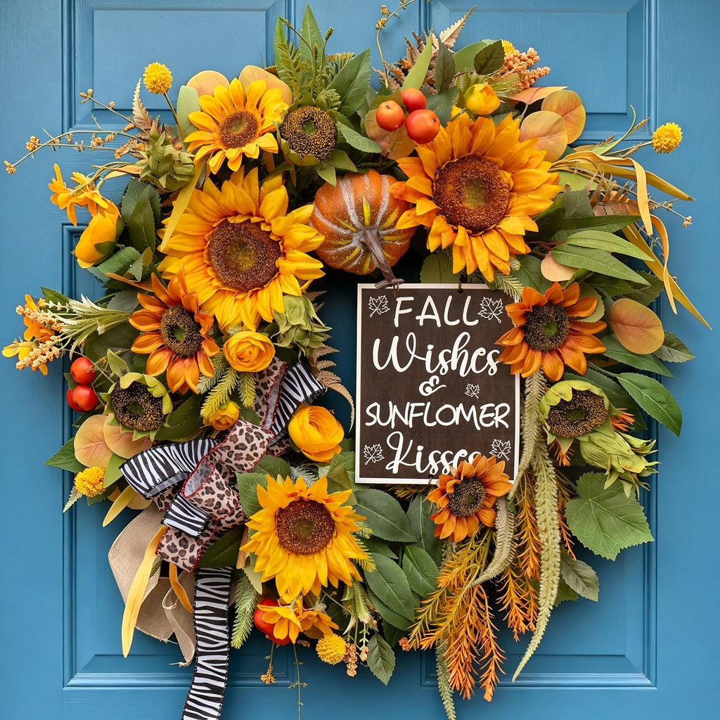 Fall Wreaths for Front Door 24 Inch, Autumn Harvest Wreath with Sunflower