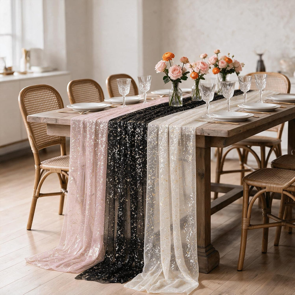 Artoid Mode 6PC Beige Black Pink Gauze Table Runner 120 Inch 10FT, Glitter Me...