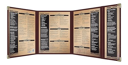 Goodsmart Restaurant Menu Covers – 25 Pack Burgundy Quadfold 8-View, Side-Loading Menu Holders, Vinyl & Plastic Café Menu Covers, Clear Menu Sleeves, Fits 8.5" x 11" & 4.25" x 11", Gold Corners