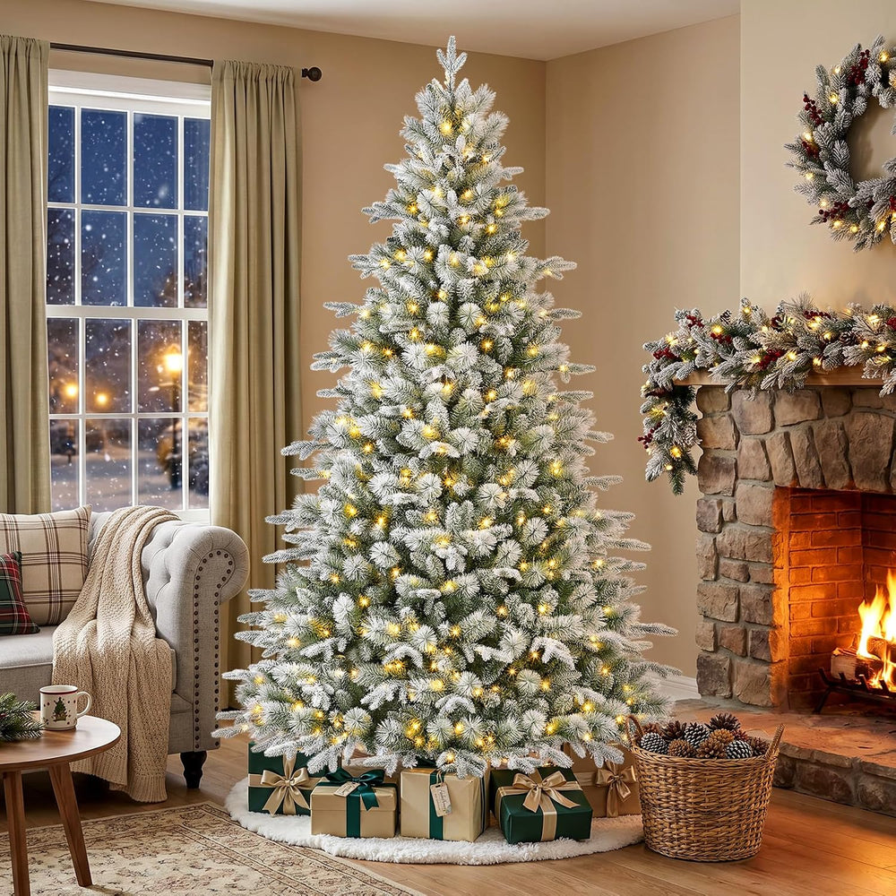 SHareconn 7FT Prelit Artificial Snow Flocked Christmas Tree with Lights