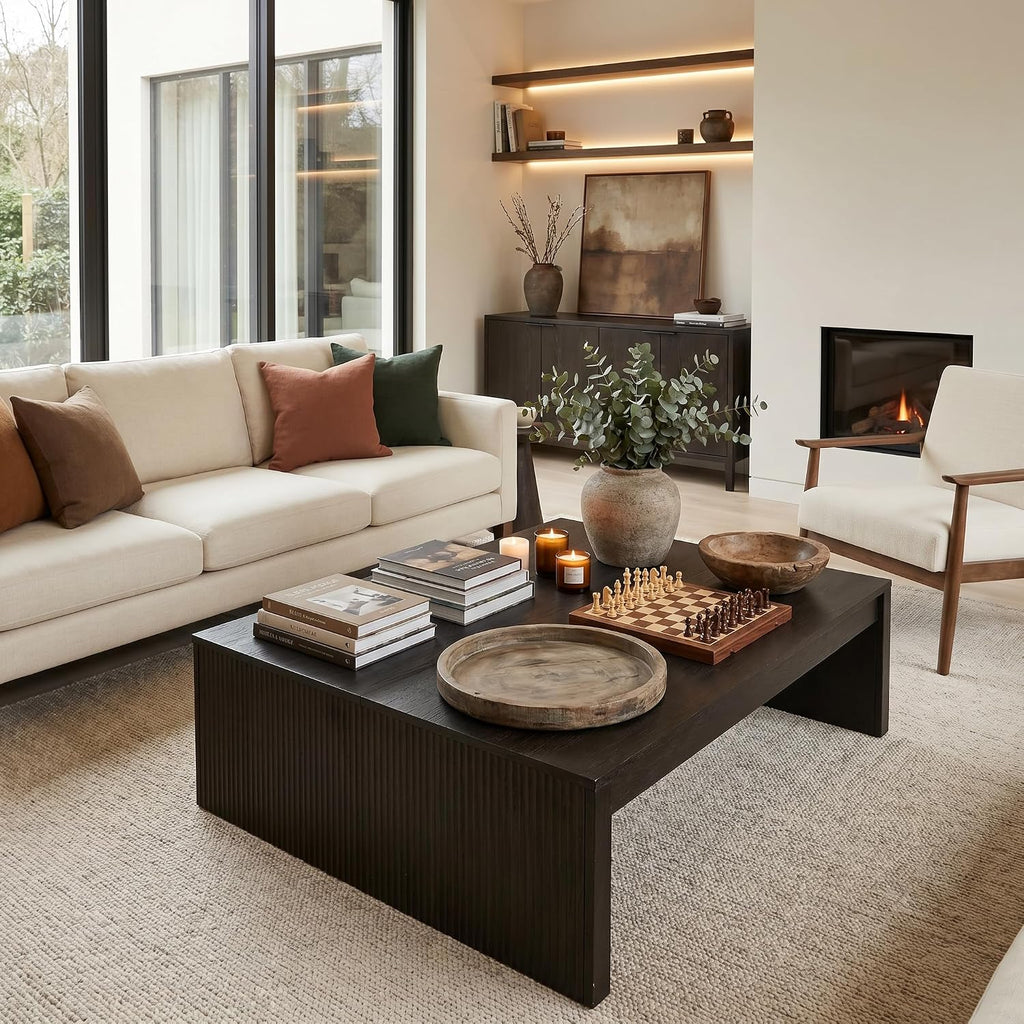 LITTLE TREE 39.4" Square Fluted Coffee Table, Mid-Century Modern Black Center Table for Living Room, Architectural Wood Cocktail Tea Tables, Contemporary Coffee Tables, Easy Assembly