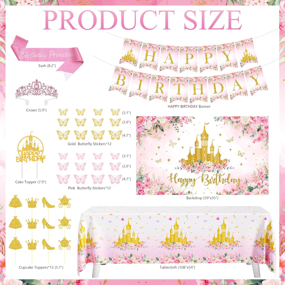 THAWAY Princess Birthday Decorations Pink Gold Balloon Arch Backdrop Set