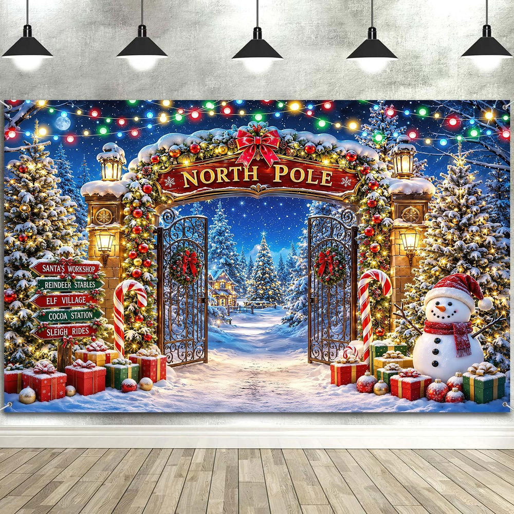 10X8FT Christmas North Pole Backdrop, Winter Snowman Xmas Scene Decor