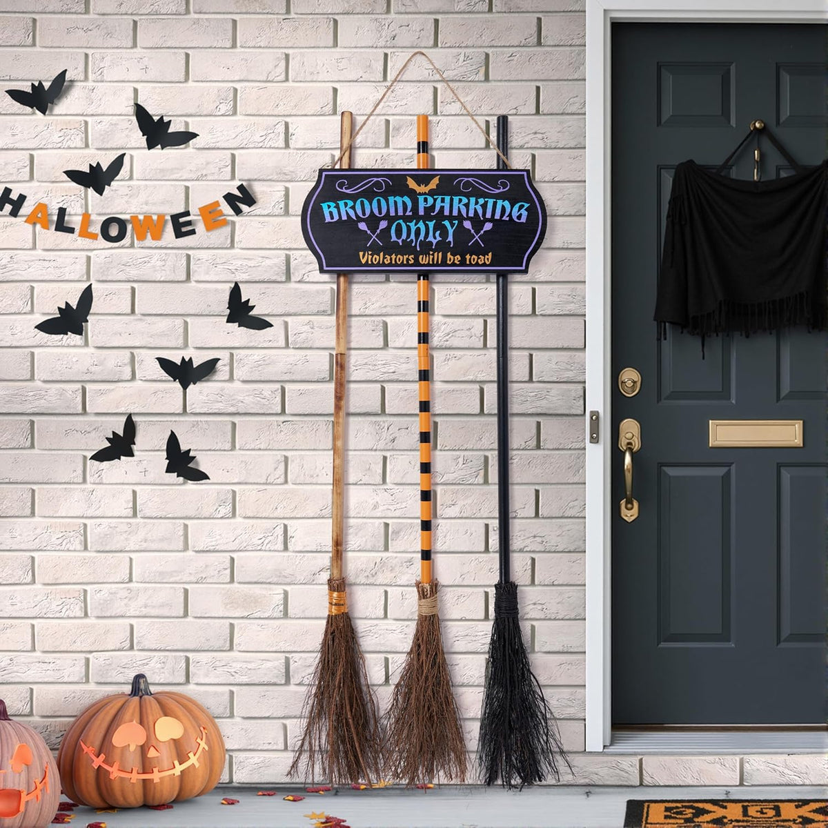 JOYIN Halloween Broom Parking Sign with 3pcs Wooden Witches Brooms, Halloween Decorations Outdoor, Wooden Warning Sign for Front Porch Wall Decor Home Office Indoor