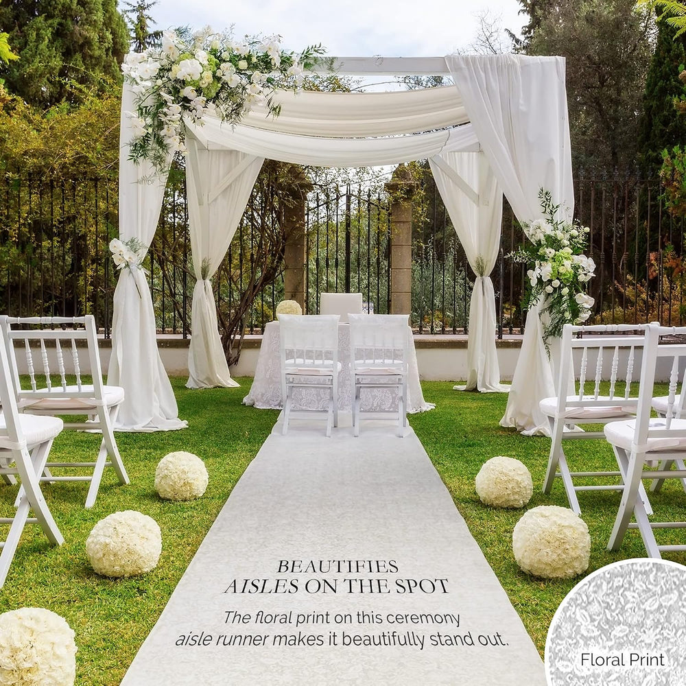 SLS SUPPLY FLORA - Wedding Aisle Runner, White Floral Print Wedding Floor Mus...