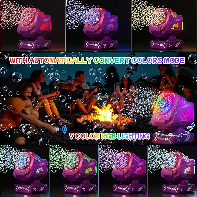2025 Upgraded Bubble Machine with Remote Control, Automatic Rotation & RGB Lights, 1800mAh Rechargeable Battery, Type-C Charge, Bubble Maker for Kids, Weddings, Birthday Parties, Outdoor Activities