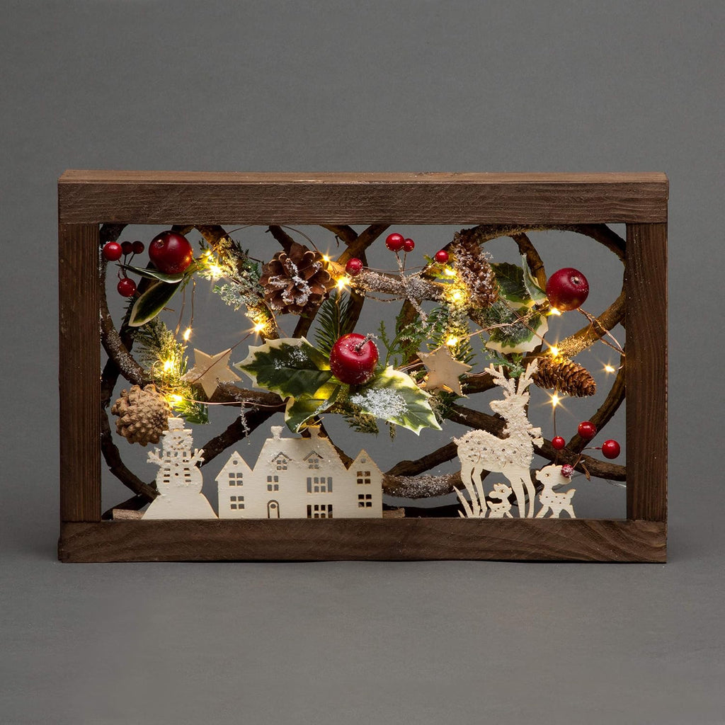 SHATCHI 40cm LED Pre-Lit Decorated with Leaves Pine Cones Berries 3D Nordic Christmas Scene Rectangle Shape Wooden Frame Tabletop Decorations Xmas Ornament Gifts