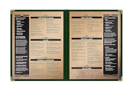 Goodsmart Restaurant Menu Covers - 25 Pack Green2-Page/4-View 8.5" x 11", Side-Loading Vinyl Menu Holders, Clear Sleeves, Double-Stitched Edge, Leather-Style Café Menu Covers with Gold Corners