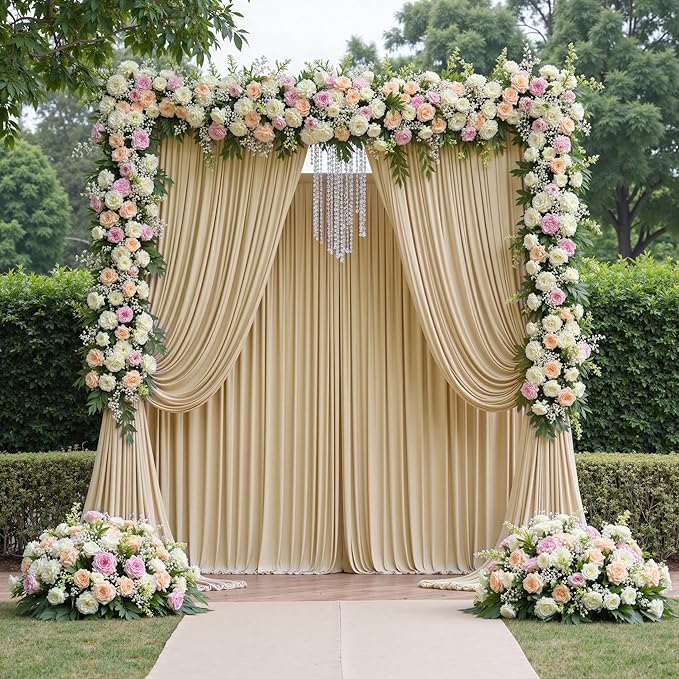 50ftx12ft Wrinkle Free Beige Backdrop Curtain, 10 Panels 12FT Height Beige Wedding Backdrop Drapes, Silky Polyester Back Drop Cloth for Birthday Photography Background Party Backdrop Draping