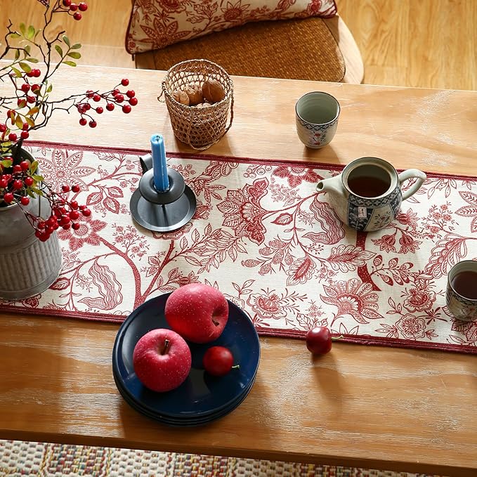 ISAENNE Designer Chinoiserie Elegant Linen Table Runner 87 Inches Long,Red Floral Pattern Decor Table Runners for Thanksgiving,Dining Room,Banquet,Kitchen Tables,Christmas,12"*87"-Ruyi A
