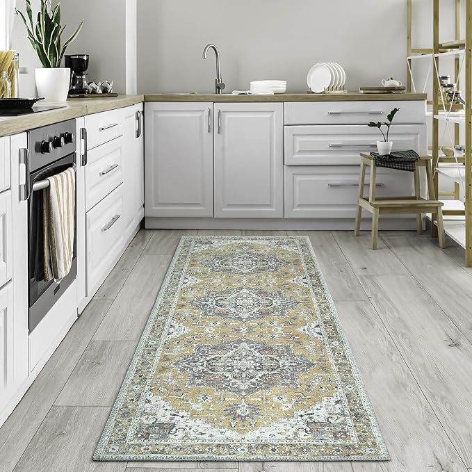 Bloom Rugs Washable Non-Slip 10 ft Runner - Yellow Traditional Medallion Runner for Entryway, Hallway, Bathroom, and Kitchen - Exact Size: 2.5' x 10'
