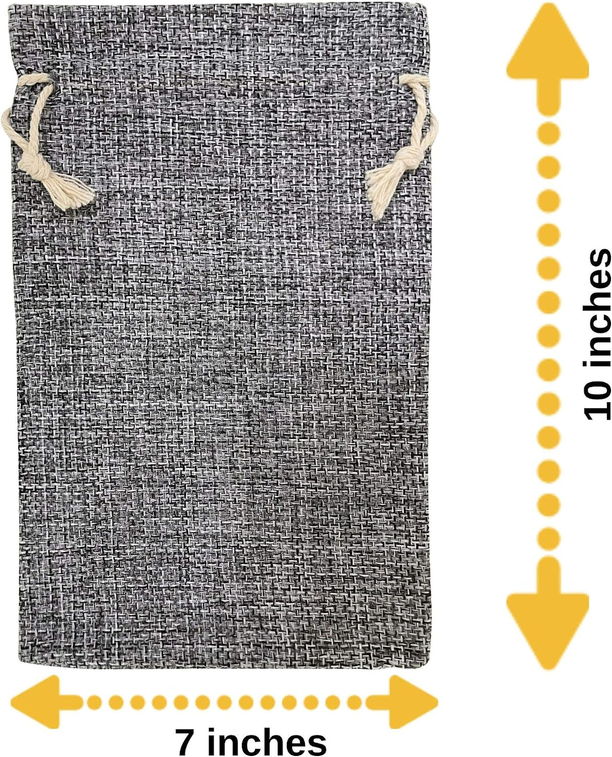 50 gray 7x10 inch burlap bags with drawstring shown in use