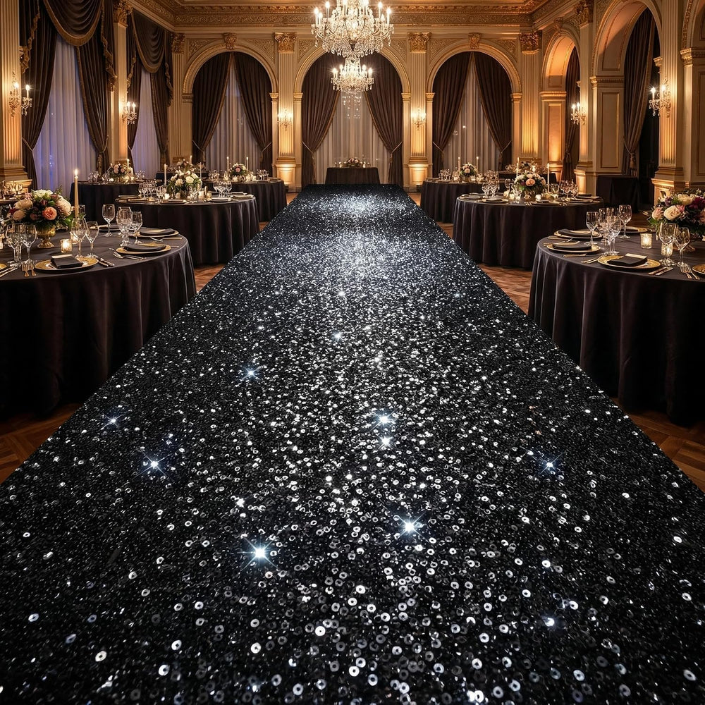 Wedding Aisle Runner: 4FT×15FT Sequin Fabric - Black Sparkly Carpet Runner fo...