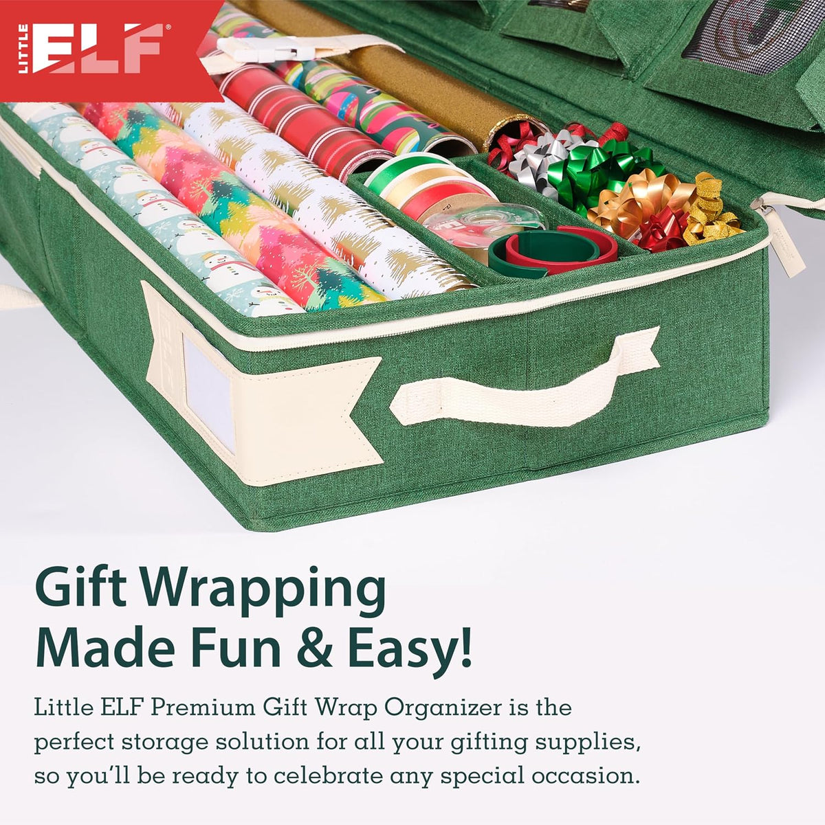 little elf premium wrapping paper storage organizer, easy, front angle view