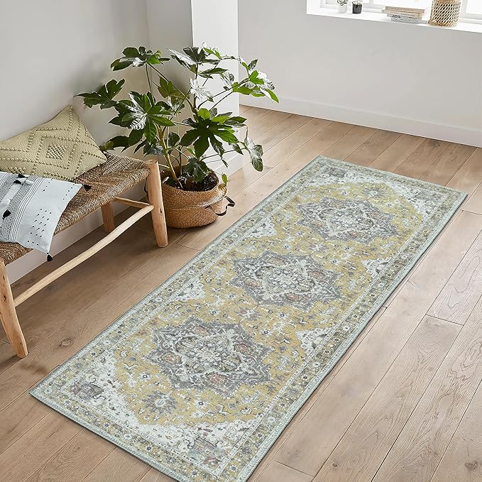 Bloom Rugs Washable Non-Slip 10 ft Runner - Yellow Traditional Medallion Runner for Entryway, Hallway, Bathroom, and Kitchen - Exact Size: 2.5' x 10'
