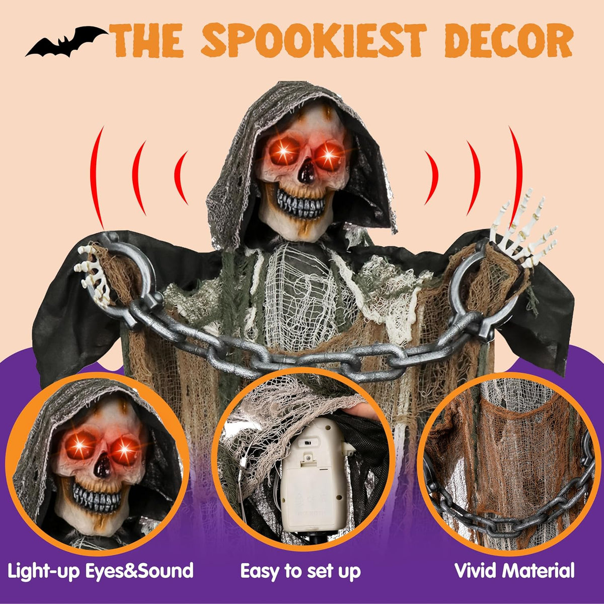 JOYIN Halloween Decorations Outdoor Life Size Animatronics Grim Reaper with Chain, Sound-Actived Party Decor with Creepy Sound, Scary Haunted House Props for Garden Yard Lawn