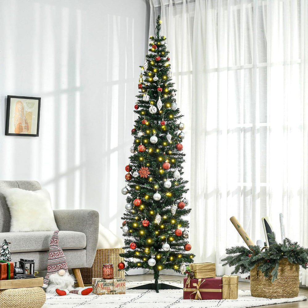 HOMCOM 7' Tall Pre-Lit Noble Fir Artificial Pencil Christmas Tree Green