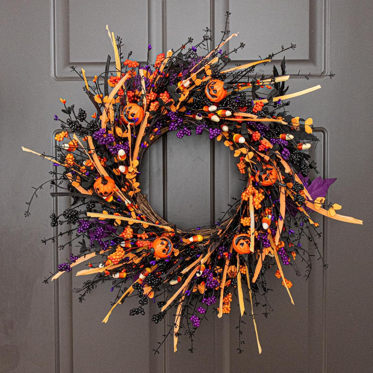 j'floru black halloween wreath 22 inch artificial halloween, side view