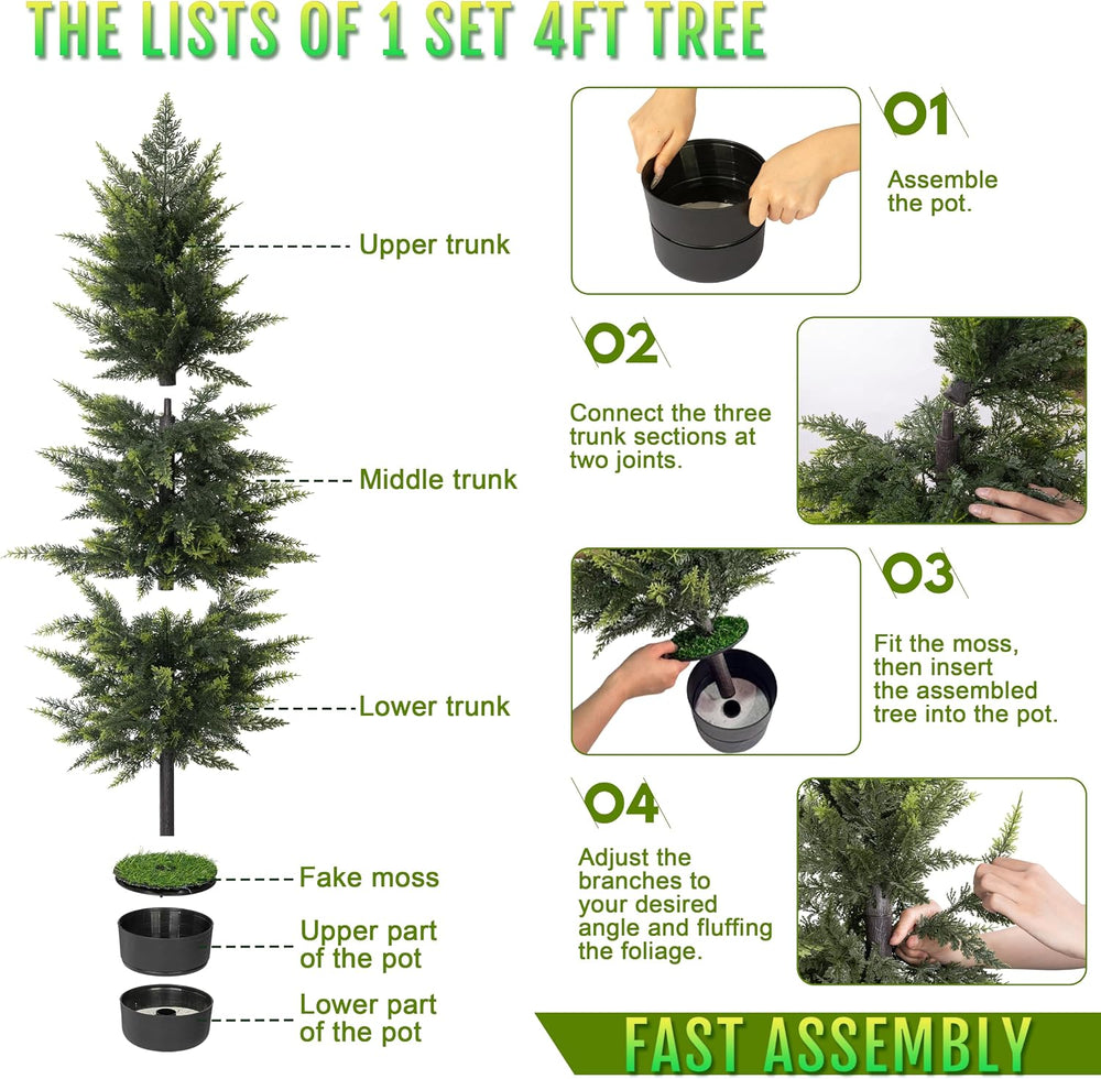 4FT Set of 2 Artificial Cedar Trees Outdoor, Fake Pine Tree for Front Porch
