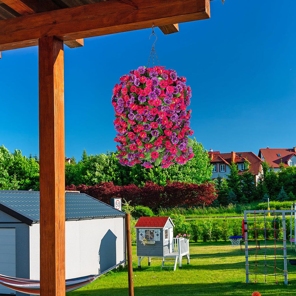 Artificial Flowers with Hanging Basket, Outdoor Faux Plants UV Resistant
