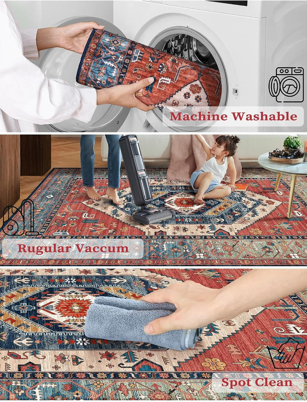 SERISSA 2'6"x10' Washable Non Slip Boho Runner Rug for Hallway，Rust