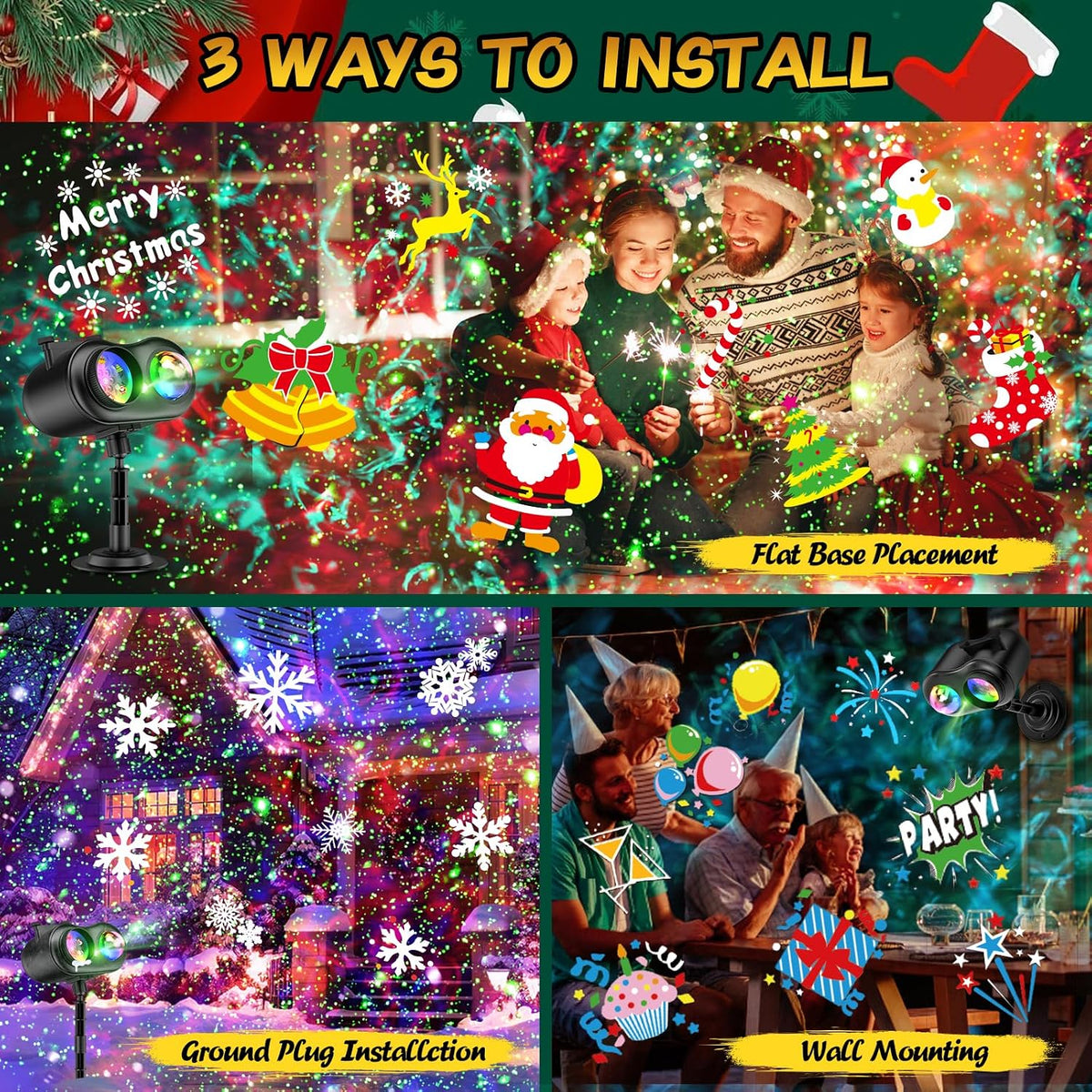 christmas projector lights outdoor with ocean wave & showing dimensions