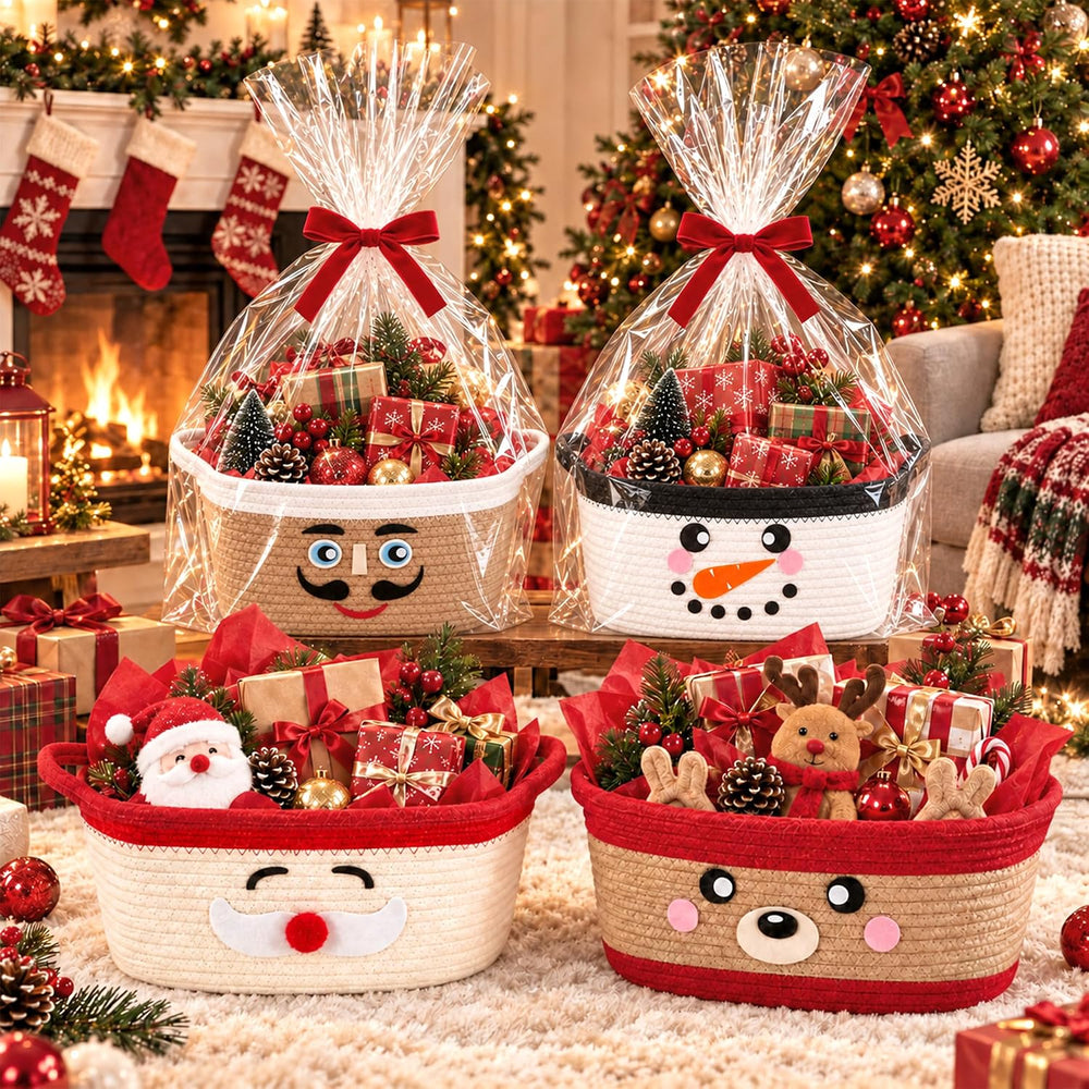 4 Pack Large Christmas Woven Basket Empty with Handle, Xmas Storage Baskets
