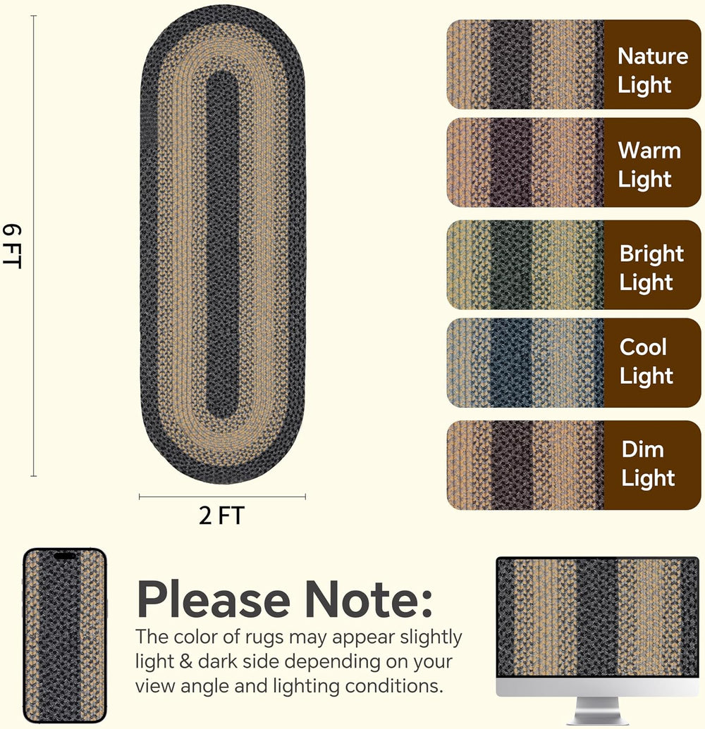 RCTJHOME 2x6 Oval Braided Runner Rug, Brown Black Farmhouse Kitchen Mat