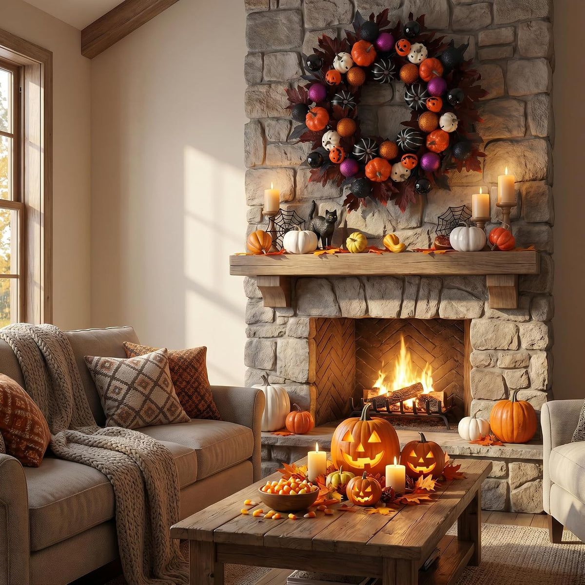 Halloween Ball Wreath for Front Door, 24" Pumpkin Fall Door Wreath