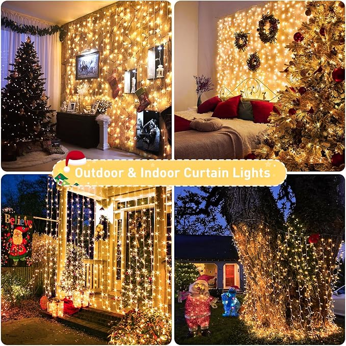 JMEXSUSS 900 LED Outdoor Christmas Curtain Lights, 9.5x29.5ft Christmas Lights Plug in with Remote, Twinkle Hanging String Light for Bedroom Wall Wedding Backdrop Window Gazebo Decor, Warm White