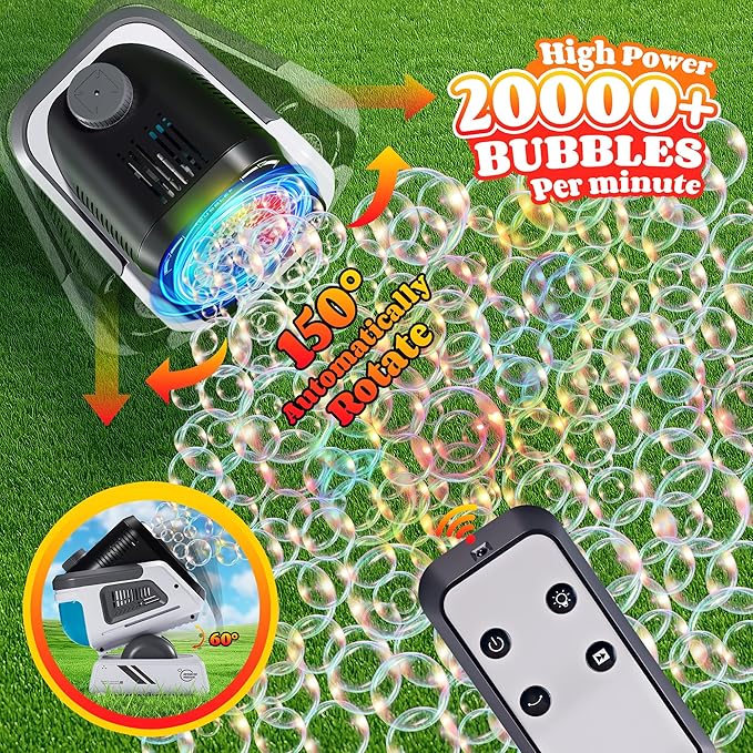 2025 Upgraded Bubble Machine with Remote Control, Automatic Rotation & RGB Lights, 1800mAh Rechargeable Battery, Type-C Charge, Bubble Maker for Kids, Weddings, Birthday Parties, Outdoor Activities