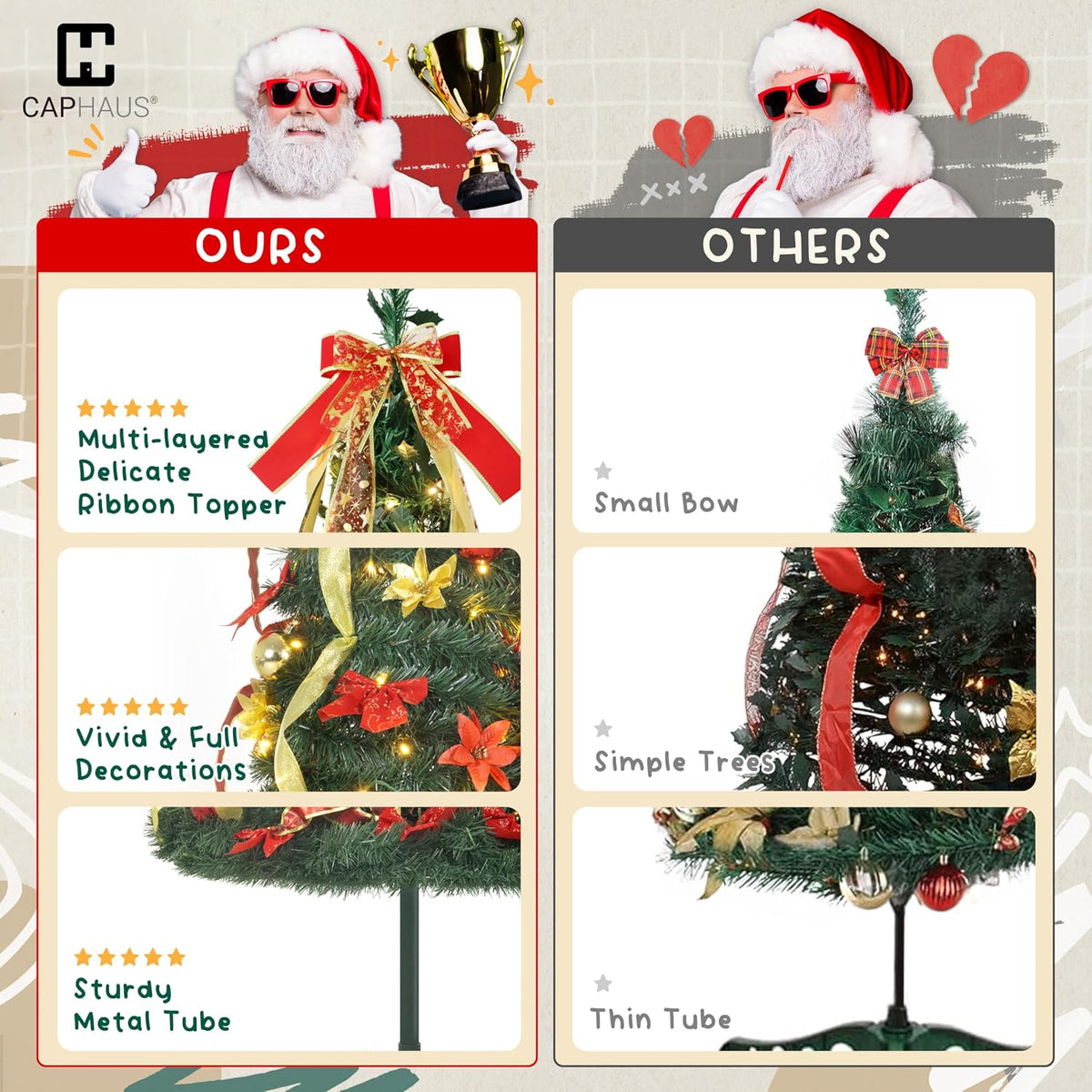 CAPHAUS 6FT Pop Up Christmas Tree with 300 LED Lights, Pre-Lit Foldable Artificial Tree, Pre-Decorated with Red & Golden Ribbon, Collapsible for Indoor Home Office Party Holiday Decoration