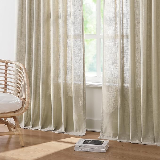 Vision Home Sand Pinch Pleated Semi Sheer Curtains Textured Linen Blended Light Filtering Window Curtains 108 inch for Living Room Bedroom Patio Pinch Pleat Drapes with Hooks 9FT 60" Wx108 Lx1