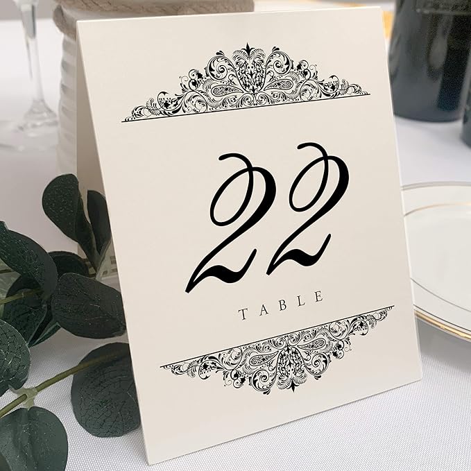 Paisley Wedding Table Numbers (Select Color/Quantity), Champagne, Black, 1-65, Double Sided, Tent or Use in a Stand, Great for Parties & Restaurants - Made in the USA