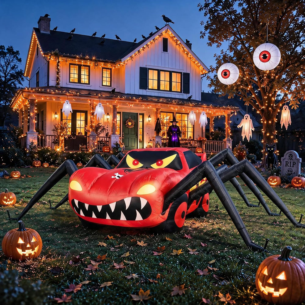 20FT Red Spider Car Halloween Inflatables Outdoor Decorations Built-in LEDs