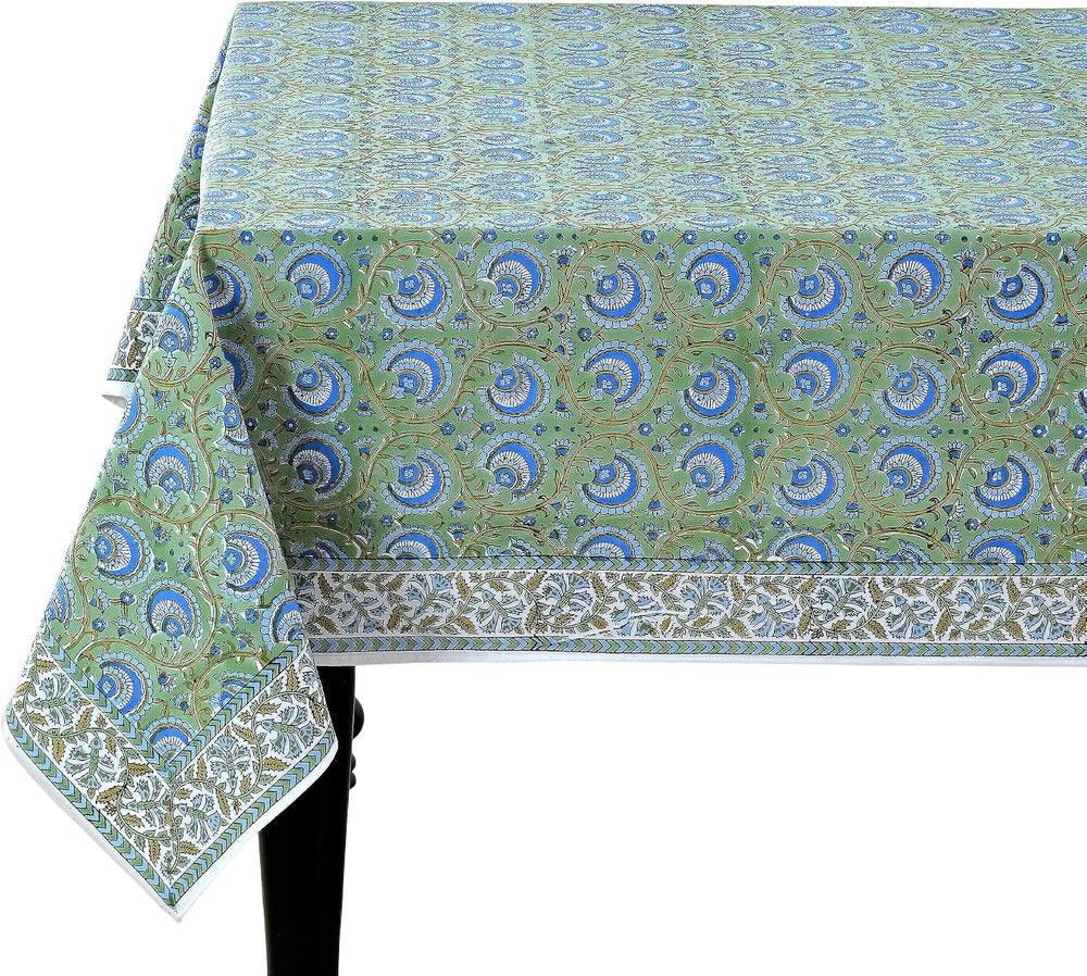 Ridhi Verdant Mist Hand Block Print Rectangle Tablecloth 90x60 Inch