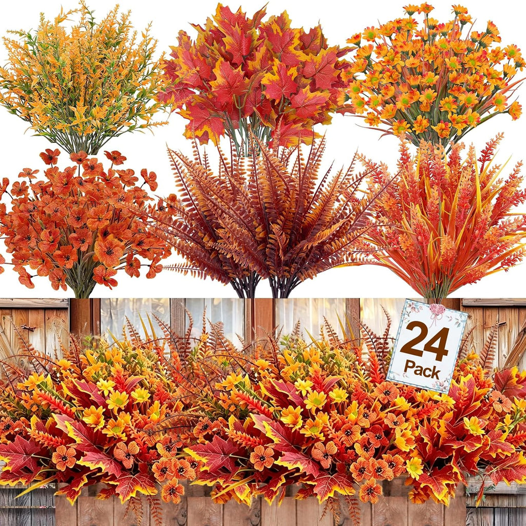 24 Bundles 6 Styles Artificial Fall Flowers Plants for Outdoors Fall Decor, Fake Faux Flower Autumn UV Resistant Orange Mums Maple Leaves Wheat Boston Fern Lavender for Thanksgiving Outside Porch Home