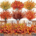 24 Bundles 6 Styles Artificial Fall Flowers Plants for Outdoors Fall Decor, Fake Faux Flower Autumn UV Resistant Orange Mums Maple Leaves Wheat Boston Fern Lavender for Thanksgiving Outside Porch Home