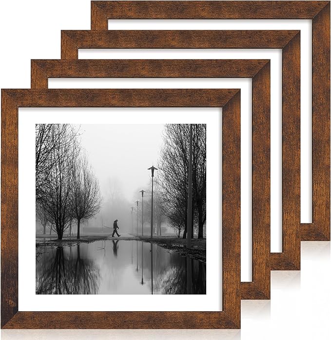 12x12 Picture Frame Set of 4 with Tempered Glass, Rustic Frame Display 10x10 Pictures with Mat or 12 x 12 Without Mat, Wood Square Photo Frames for Desktop Display and Wall Mounting
