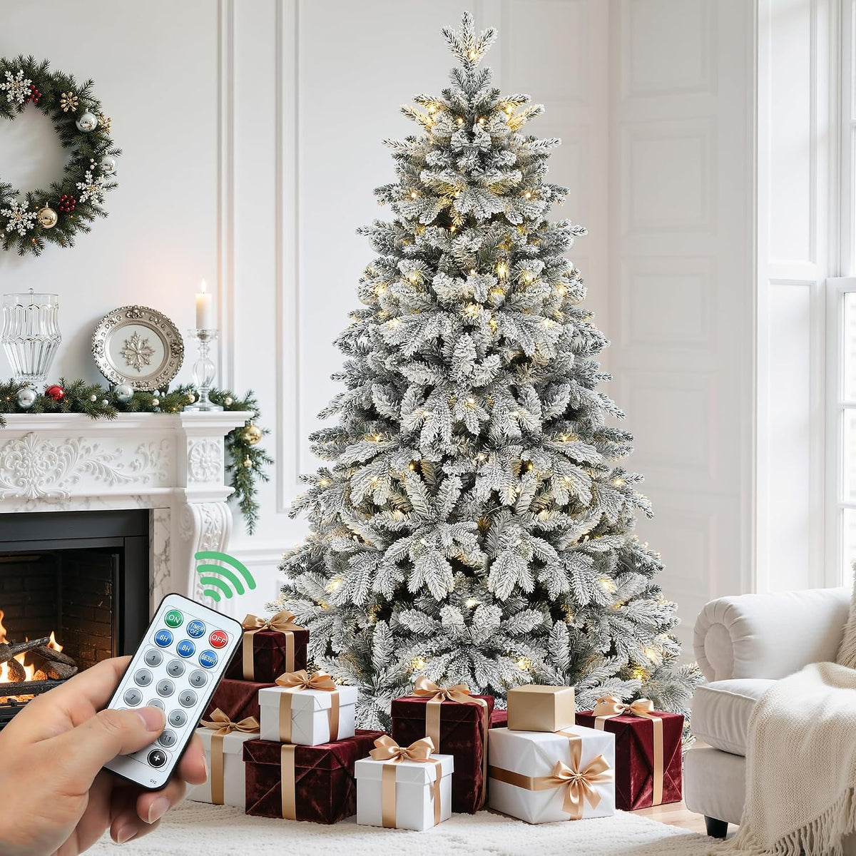 YITAHOME 7.5ft Prelit Flocked Christmas Tree with 1687 PE & PVC Mixed Tips