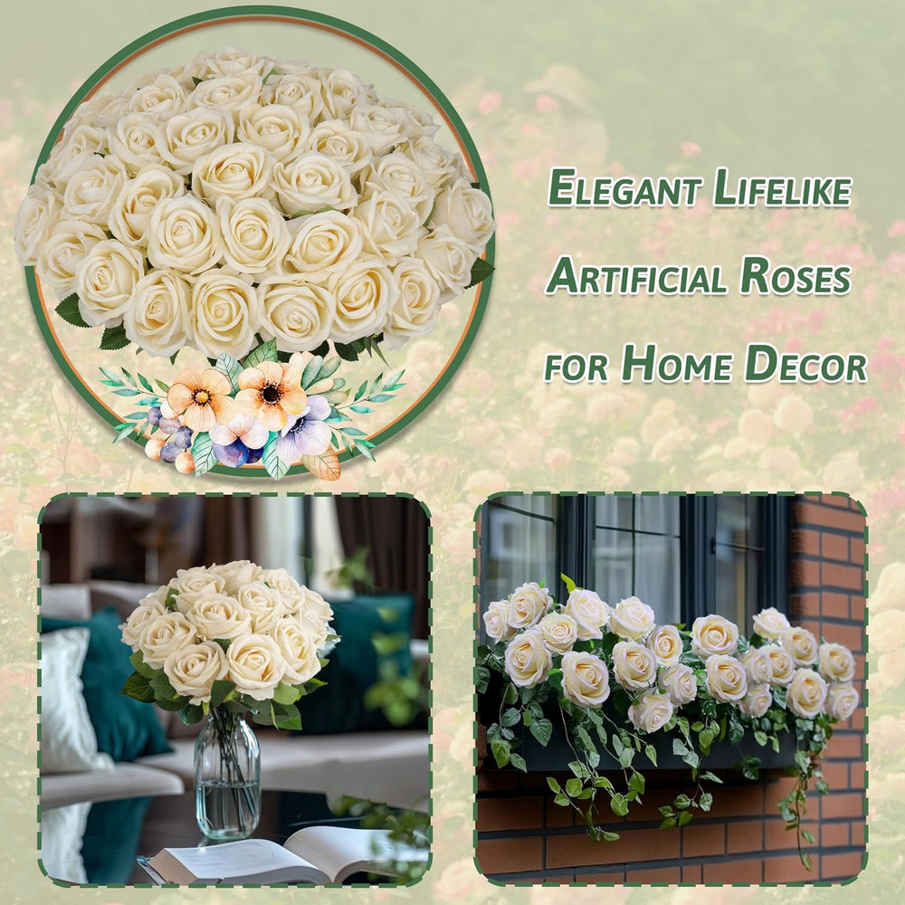 50PCS Artificial Champagne Roses Bulk Realistic Fake Flowers with Long Stem