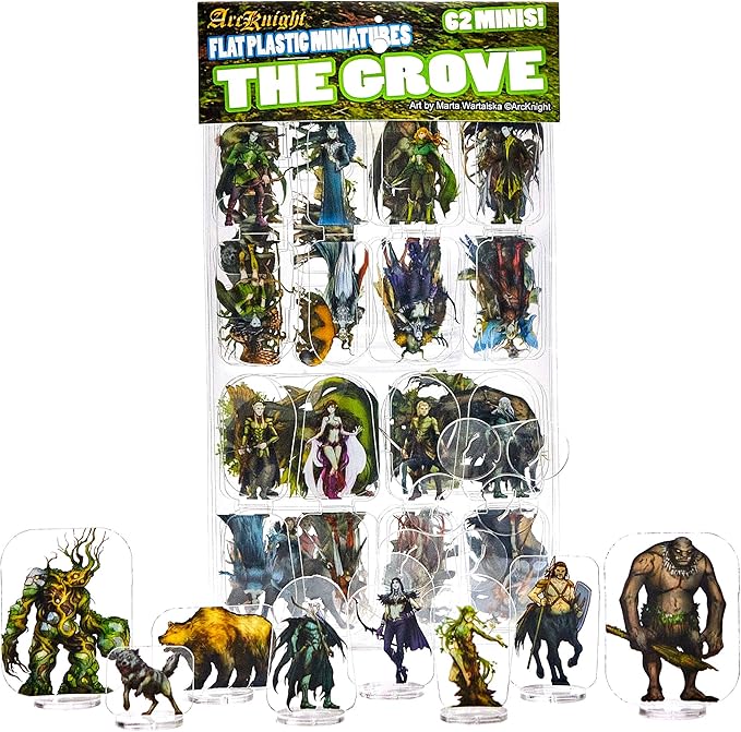Arcknight Flat Plastic Miniatures: The Grove; 62 Unique Forest-Themed Minis for DND 5e and Pathfinder; Affordable, Skinny Figurines for Dungeons and Dragons and Other Tabletop RPG Games