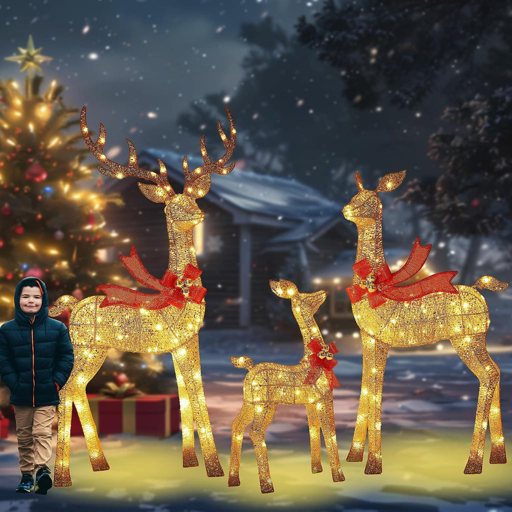 58 Inch 3D Gold Large Lighted Christmas Deer Decorations 3-Piece Outdoor Holiday Decorations Reindeer Set with 210 Warm White LEDs, Large Yard Display for Garden, Storefront