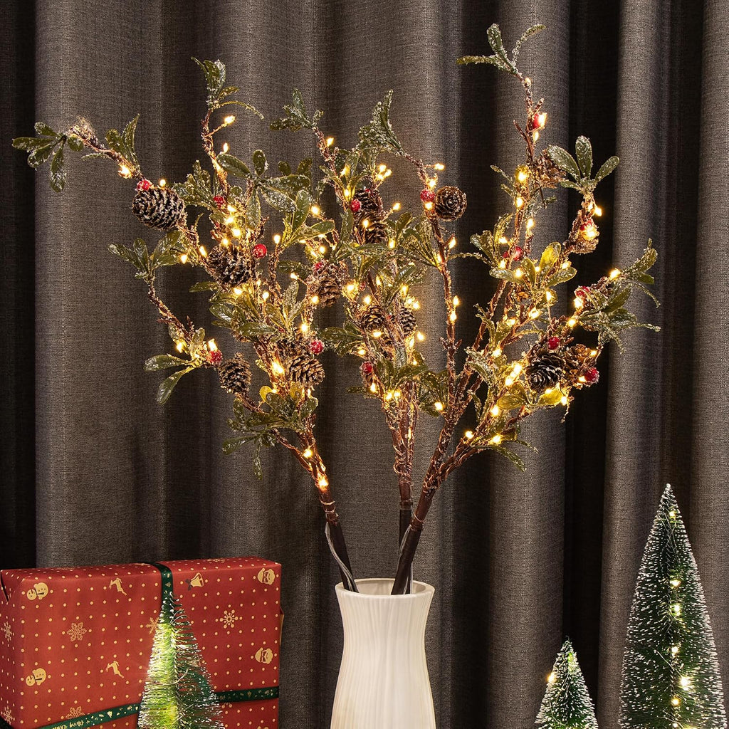 3 PCS Lighted Christmas Evergreen Sprig Branches Tree, Handmade Leaf Design with Snowflake Berries & Pine Cones, 147 Lights in Total, Timer and Battery Operated for Home Vase Indoor Outdoor