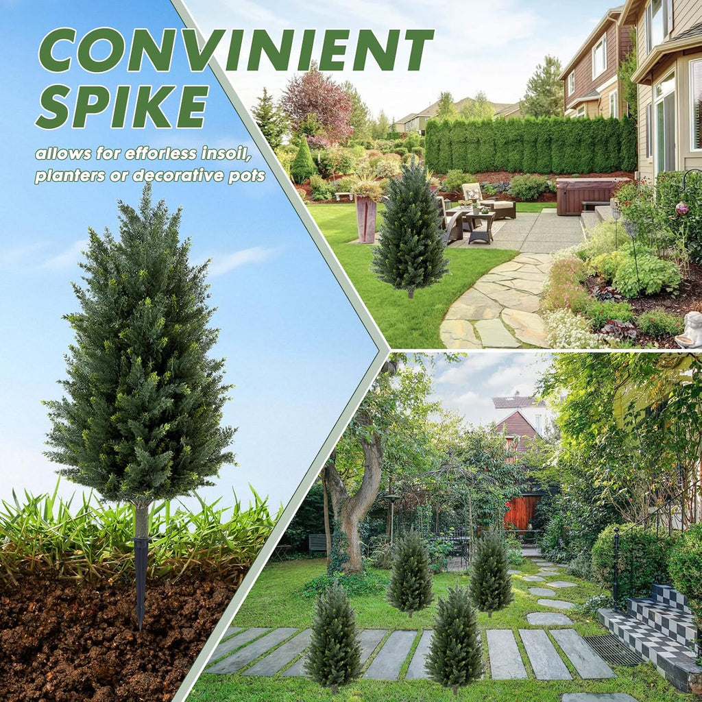 Set of 2 Artificial Cedar Topiary Christmas Trees, 3FT UV-Resistant Faux Cypress Shrubs with Ground Spikes — Tall Evergreen Decorative Plants for Outdoor and Indoor Porch, Patio, and Garden