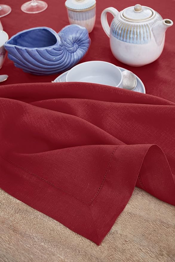 Solino Home Red Linen Tablecloth 60 x 132 Inch - 100% Pure Linen Hemstitch Table Cloth for Rectangle Tables - Classic Hemstitch, Machine Washable Tablecloth for Christmas